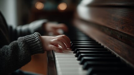 close up of child's hands playing piano, music and creativity concept