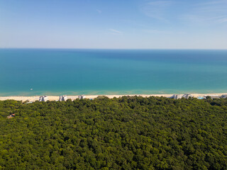 Aerial view of a dense green forest stretching to a sandy beach and turquoise sea. Natural coastline landscape with contrast between wild nature and seaside resort buildings