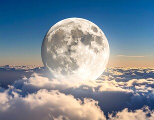 Large moon rises above cloudscape, bathed in a soft glow