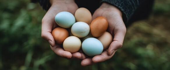 The eggs cradled in cupped hands on a rustic outdoor farm background