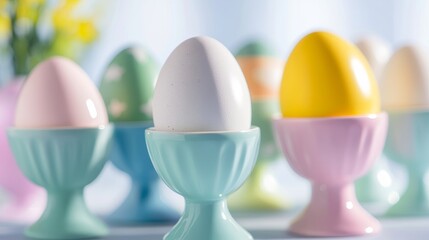 Close up of decorated Easter egg holders featuring colorful eggs in a bright studio setting, showcasing festive holiday decor and vibrant pastel colors