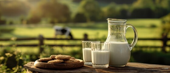 The Milk Pitcher and Glasses with Cookies on a Rustic Country Table at Sunrise