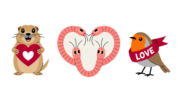 Affectionate Trio: A charming cartoon depicts a prairie dog, a heart-shaped collection of worms, and a bird, each expressing love and affection, perfect for conveying themes of Valentine's Day. 
