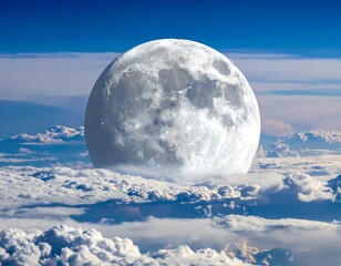Large moon surrounded by clouds against a bright blue sky