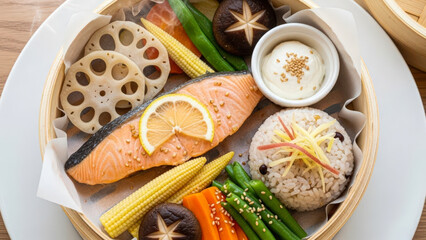 Beautifully arranged Japanese steamed meal in a bamboo basket featuring salmon with lemon, multigrain rice, and assorted vegetables.