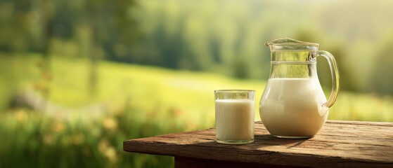 The Milk Jug and Glass on Rustic Wooden Table in Sunny Meadow