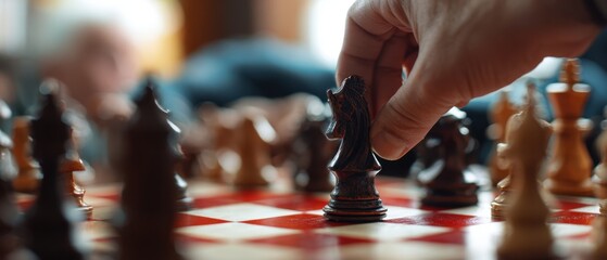 The Chess Knight Piece Being Moved by a Hand During Strategic Game Play