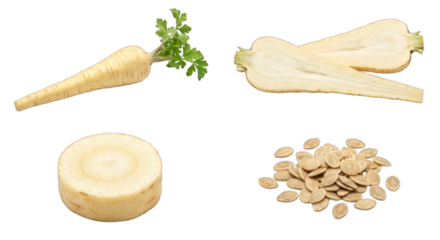 Parsnip Roots, Peeled Rounds And Seeds Arranged On White Background, Pale Cream Flesh, Feathery Greens, Rustic