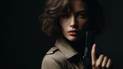 Naklejka premium serious female detective with a gun on dark background with copy space