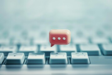 Pink chat bubble icon floating over a blurred computer keyboard representing online communication