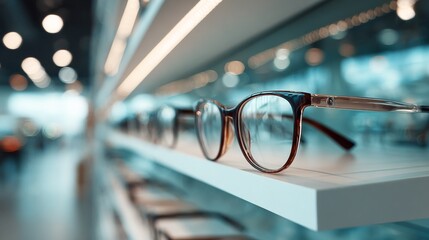 eyeglasses on the bright ophthalmology shop background with copy space for text