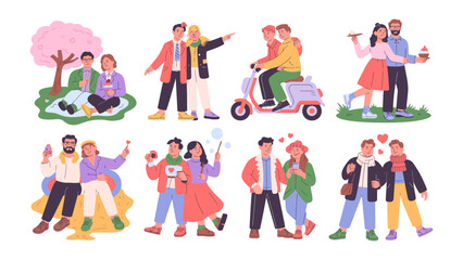 Fototapeta premium Love in Every Season: A heartwarming collection of illustrations showcases diverse couples enjoying each other's company, illustrating romance through various activities and settings. 