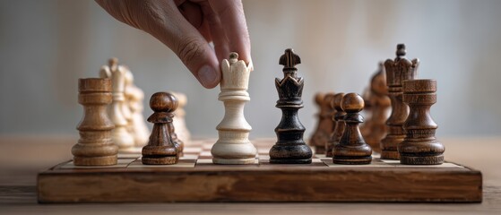 The chess pieces on a wooden board with a hand moving the queen