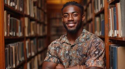 Confident young african male in library wearing patterned shirt