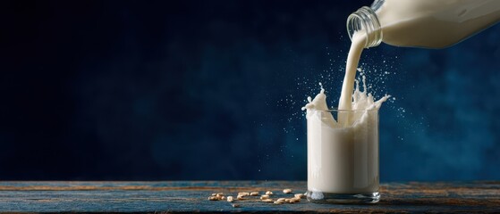 The Glass of Milk Being Poured with Oats Scattered on a Wooden Table
