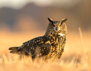 Large owl perched in grass, illuminated by warm sunlight