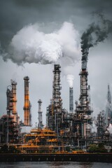 Naklejka premium Oil refinery complex with tall smokestacks releasing white and black smoke over a maze of pipes and industrial towers by the water. Concept Oil refinery with tall smokestacks