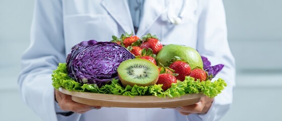 The doctor presenting a colorful platter of fresh fruits and vegetables for health