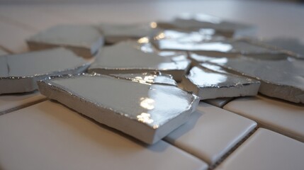 Close-up view of fragmented glossy white ceramic tile pieces with silver edges arranged on a surface