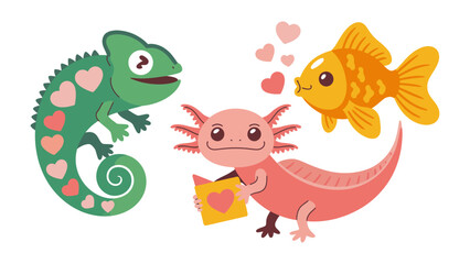 Obraz premium A Trio of Affectionate Creatures: A heartwarming scene unfolds as a chameleon, an axolotl, and a goldfish express their love and adoration for each other. Hearts flutter.