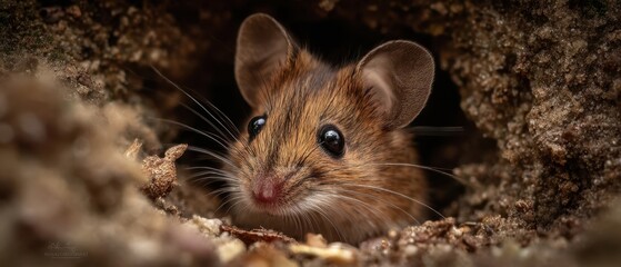 The Mouse Peeking From a Burrow With Bright Eyes Whiskers and Earthy Surroundings