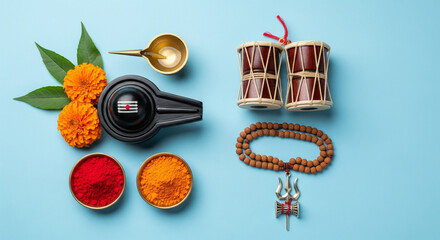 Happy Maha Shivaratri greeting card - Shiva Linga decorated with flowers, trishula, damru and bilva leaves. Hindu festival celebrated of Shiva Lord