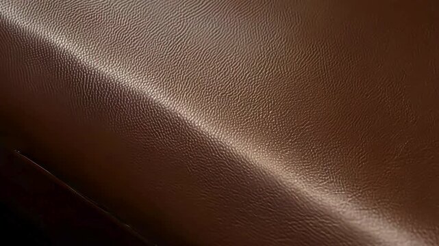 Macro view of brown leather material with soft lighting highlighting the grain and curves.