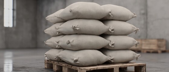 The sandbags stacked on a wooden pallet in an empty industrial warehouse setting