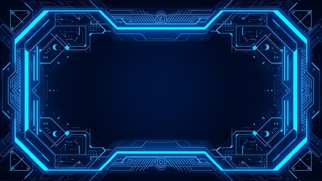 Futuristic neon blue frame on dark background with circuit board design elements and empty space for text - Powered by Adobe