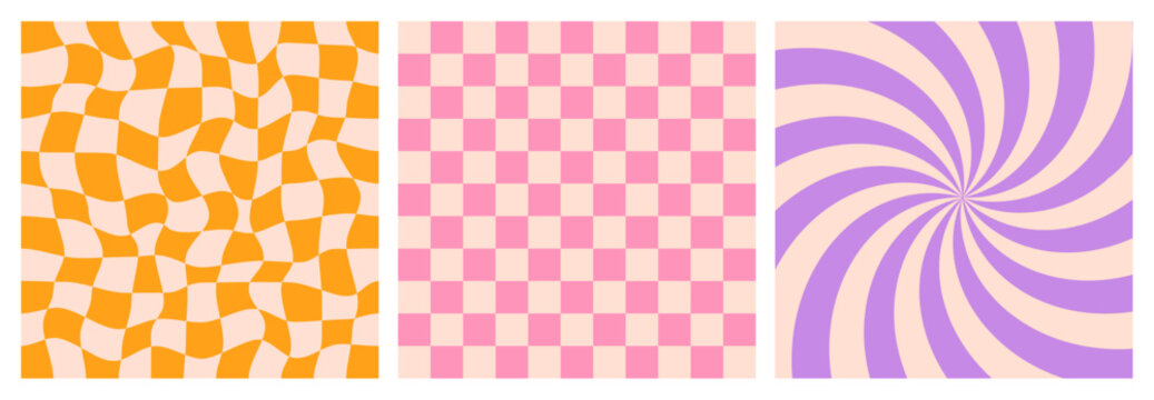 Pattern background checker grid checkerboard groovy y2k square retro 90s. Seamless gingham chequered vintage pastel purple green yellow white textile fabric fashion print. Groovy geometric bg