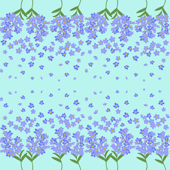 abstract floral background. Seamless floral border pattern with delicate purple and blue forget-me-not flowers, scattered petals, and green stems on a soft mint background, light, airy, and romantic.