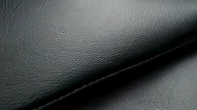 Detailed macro shot of black synthetic leather texture with visible stitching and light reflection.