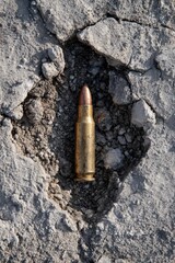 Obraz premium A brass rifle cartridge buried in cracked dry dirt. Concept Deserted battlefield relic, Buried brass cartridge, Cracked dry soil texture, Weathered ammunition artifact, Military history remnant
