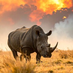 Large rhino stands in a field with a fiery sky background