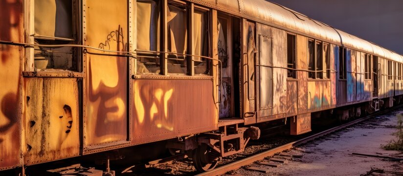Old Train Carriages in a Railroad Yard, Abandoned and Weathered, Rusty Exterior.