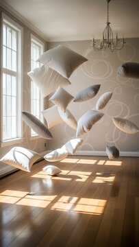 Room with lot of pillows flying in the air and chandel wall.