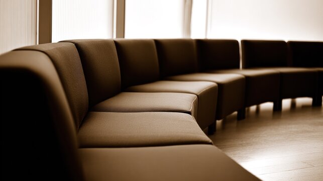Contemporary arc-shaped seating with smooth upholstery in a blurred minimalist interior setting. real-estate listings.