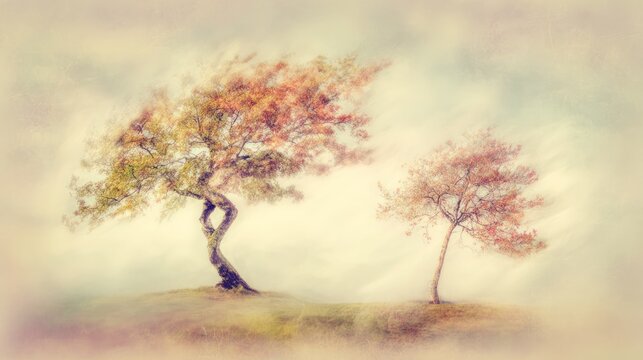 Two intertwined trees support each other in autumn, symbolizing family and change. representing seasonal cycles and harvest abundance.