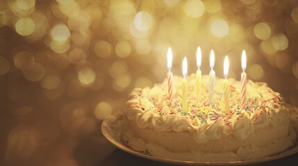Festive birthday cake with glowing candles, bathed in warm golden light. symbolizing life milestones and joyful moments.