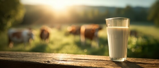 The Glass of Milk on a Rustic Fence with Cows in Sunlit Pasture