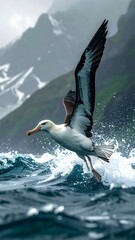 Large seabird taking flight above ocean waves, rocky island backdrop
