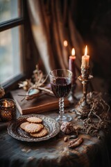 Naklejka premium A cozy still-life with a glass of red wine, lit candles, cookies on a decorative plate, dried gourds, and a rustic table by a window. Concept Cozy still life, Red wine glass, Lit candles