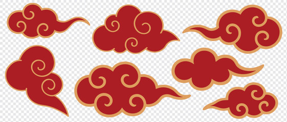 Chinese style clouds. Traditional korean clouds. Flat chinese or japanese red cloud silhouettes, decorative asian festival elements, oriental graphic decent vector set