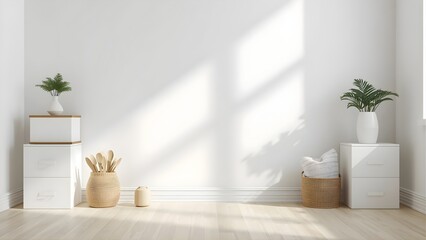A serene and minimalist interior scene with plants and household items on display in a bright and airy room.