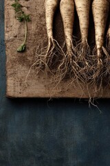 Fototapeta premium Parsnips with their roots on a rustic wooden board. Concept Parsnips, Rustic wooden board, Root vegetables, Farmhouse kitchen, Natural textures