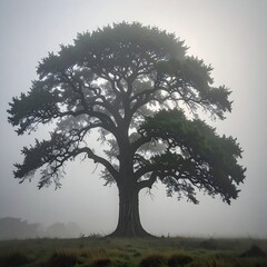 Large, stately tree enveloped in atmospheric fog, silhouetted against light