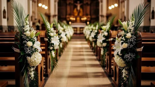 Church aisle decorated with white floral arrangements and palm leaves, illustrating a christian celebration and event preparation