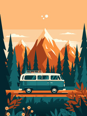 Obraz premium Vintage Camper Van on a Scenic Mountain Road - Beautiful Nature Landscape Vector Illustration