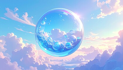 Large transparent sphere holding bubbly water floats in a pastel sky