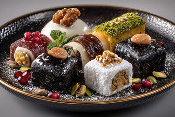 Assorted traditional Middle Eastern sweets on decorative plate